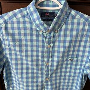 Vineyard Vines Aqua and White Checkered young Men's Shirt